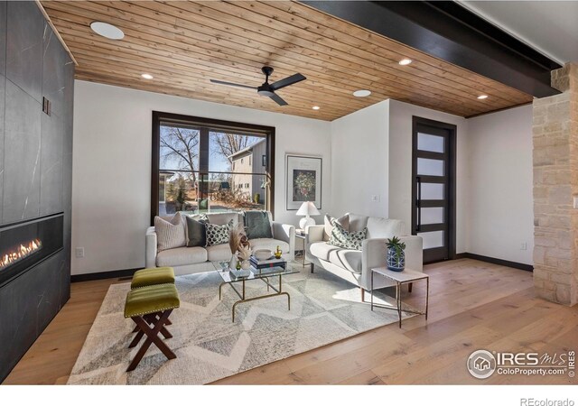 living room featuring ceiling fan, wooden ceiling, and wood-type flooring