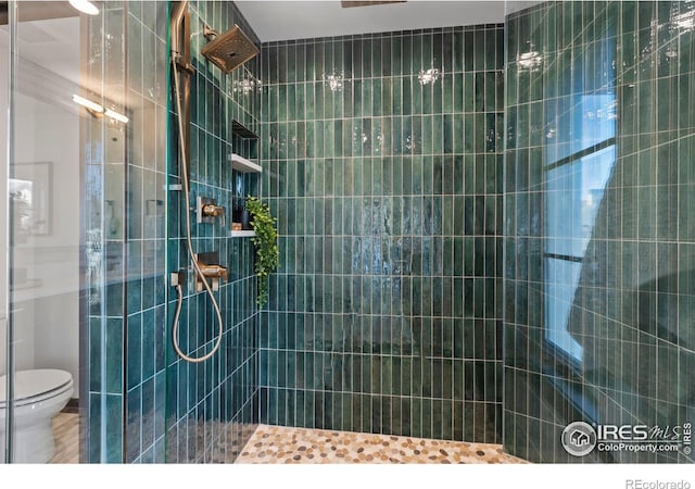 bathroom with tiled shower and toilet