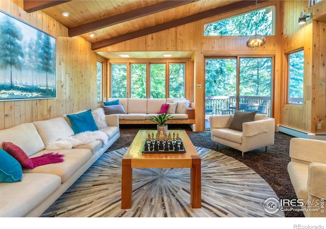 living area with vaulted ceiling with beams, a baseboard heating unit, wood walls, and wood ceiling