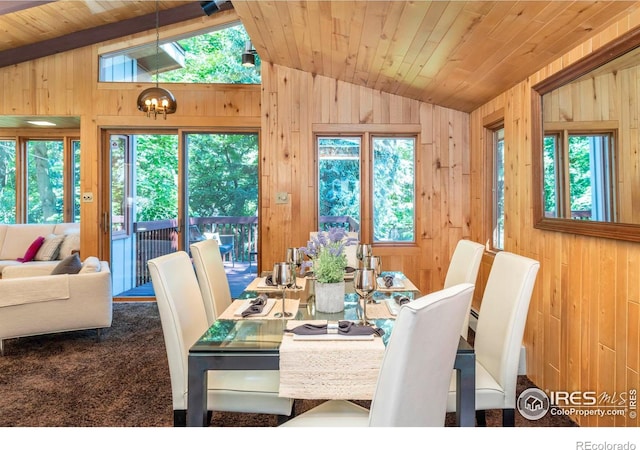 dining room featuring wood ceiling, a healthy amount of sunlight, vaulted ceiling, and wooden walls