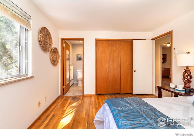 bedroom with a closet, ensuite bathroom, and wood finished floors