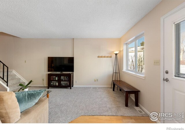 carpeted living room featuring a textured ceiling