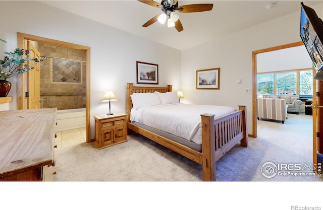 bedroom featuring ceiling fan and light colored carpet