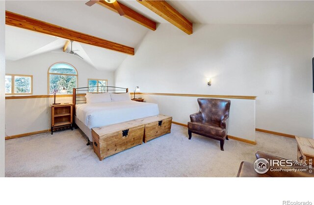 bedroom featuring ceiling fan, light carpet, and lofted ceiling with beams