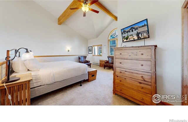 carpeted bedroom with high vaulted ceiling, ceiling fan, baseboard heating, and beamed ceiling