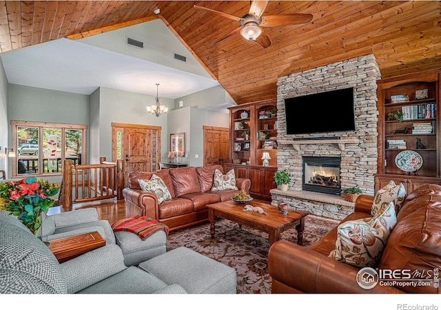 living room featuring high vaulted ceiling, a stone fireplace, wooden ceiling, visible vents, and built in features