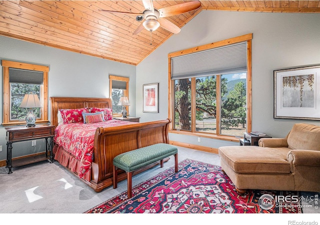 carpeted bedroom with wood ceiling, vaulted ceiling, and ceiling fan