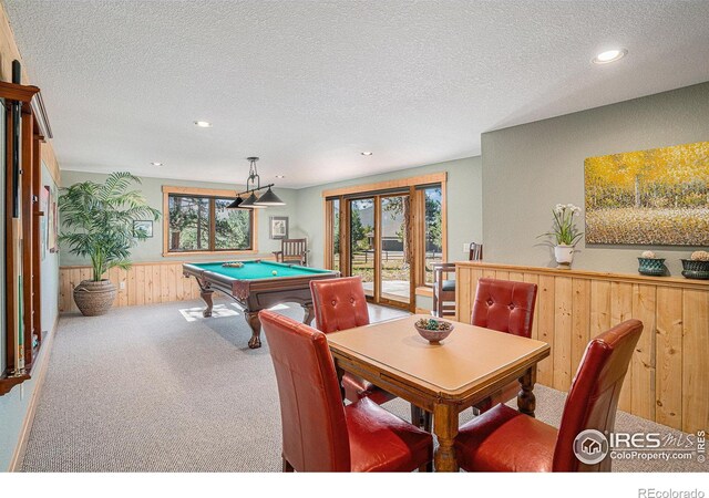 recreation room with carpet floors, wainscoting, a textured ceiling, and wooden walls