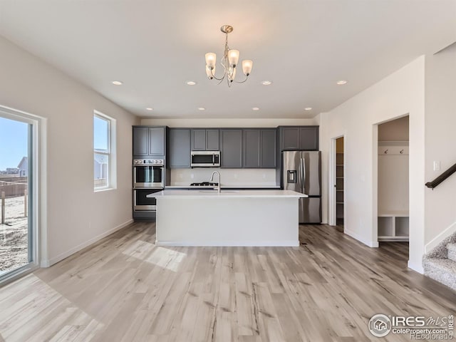 kitchen with light hardwood / wood-style floors, pendant lighting, an island with sink, and stainless steel appliances