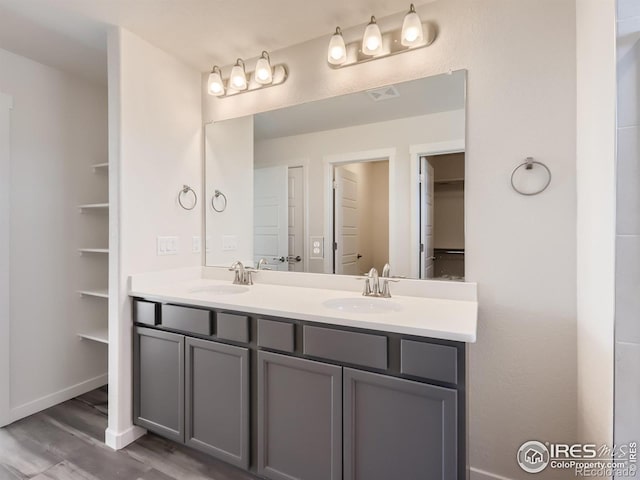 bathroom featuring hardwood / wood-style flooring and vanity