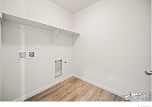 washroom with hardwood / wood-style flooring, hookup for an electric dryer, and washer hookup