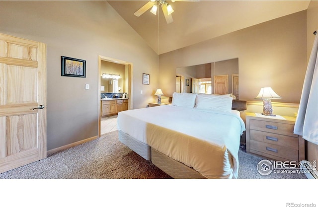 carpeted bedroom with high vaulted ceiling, ceiling fan, and ensuite bath