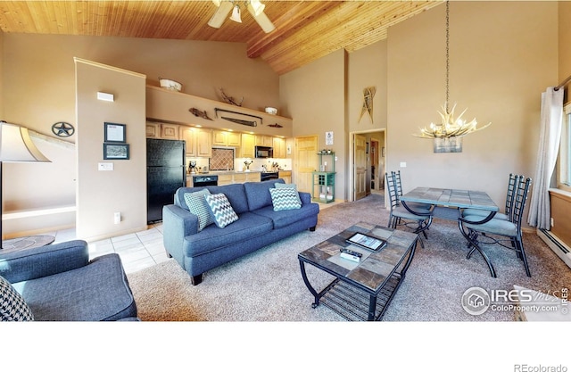 carpeted living room with ceiling fan with notable chandelier, high vaulted ceiling, and wooden ceiling