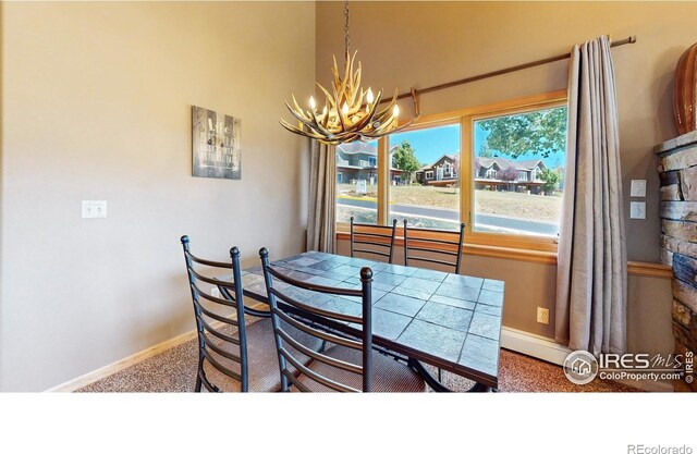 349 Overlook Ln, Estes Park, CO 80517 - dining room featuring a chandelier, carpet, baseboards, and a high ceiling