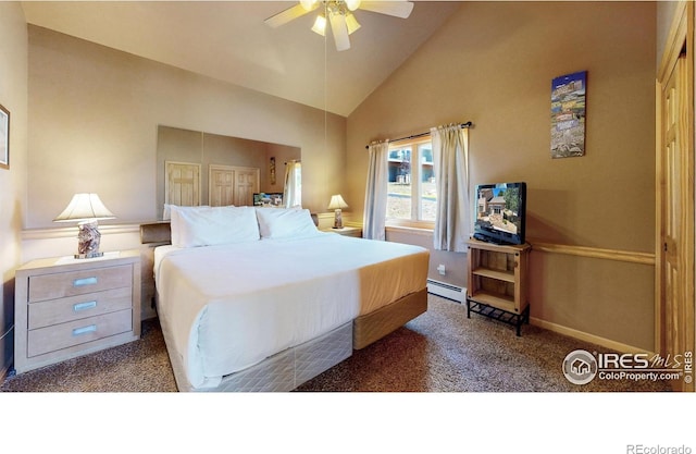 carpeted bedroom with ceiling fan, high vaulted ceiling, and a baseboard heating unit