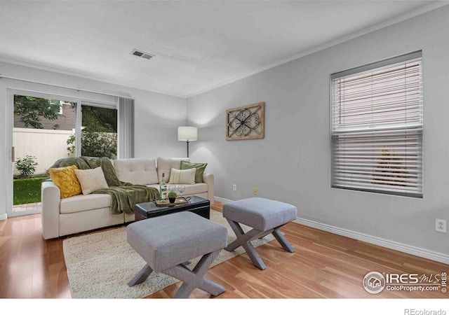 living room featuring ornamental molding and hardwood / wood-style floors