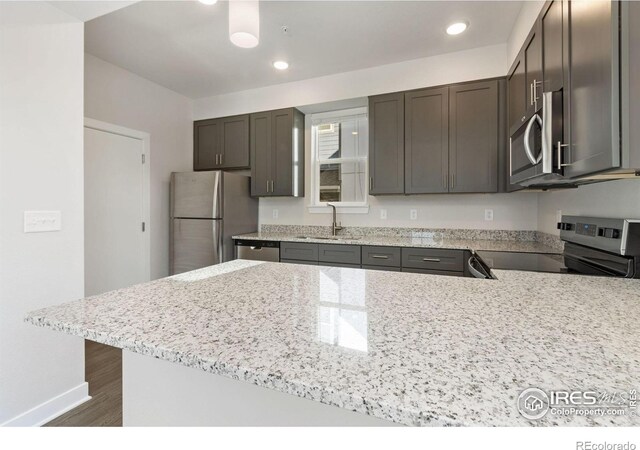 kitchen with sink, kitchen peninsula, dark wood-type flooring, stainless steel appliances, and light stone countertops