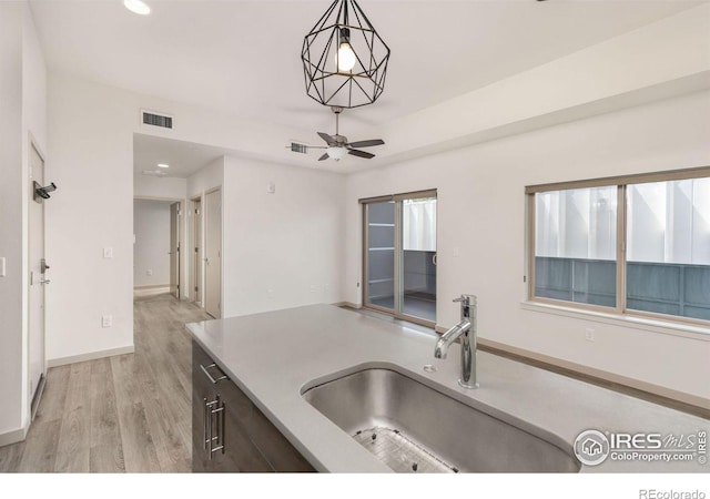 kitchen with sink, hanging light fixtures, ceiling fan, light hardwood / wood-style floors, and plenty of natural light