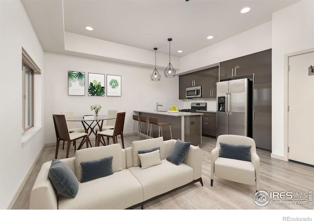 living room featuring sink and light wood-type flooring