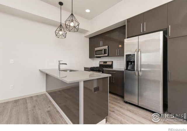 kitchen with sink, hanging light fixtures, light wood-type flooring, appliances with stainless steel finishes, and decorative backsplash