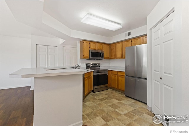 kitchen with kitchen peninsula, stainless steel appliances, light hardwood / wood-style floors, and sink