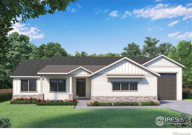 modern inspired farmhouse with driveway, roof with shingles, board and batten siding, a front yard, and a garage