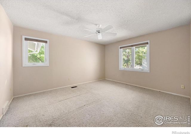 carpeted empty room featuring a healthy amount of sunlight, visible vents, and a textured ceiling