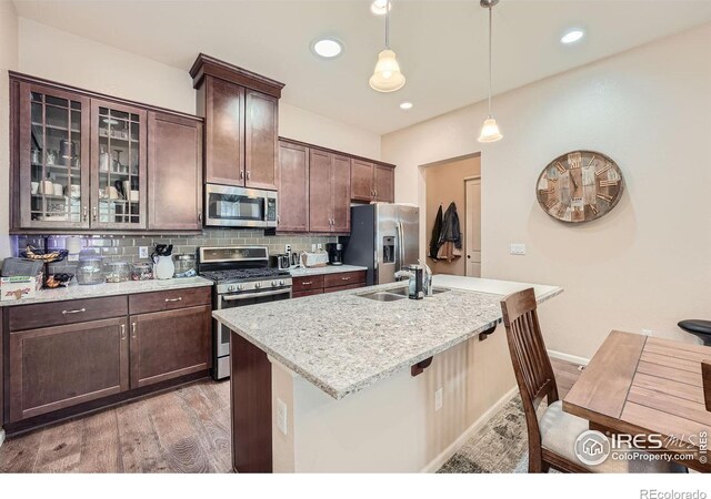 kitchen with sink, appliances with stainless steel finishes, light hardwood / wood-style flooring, tasteful backsplash, and hanging light fixtures