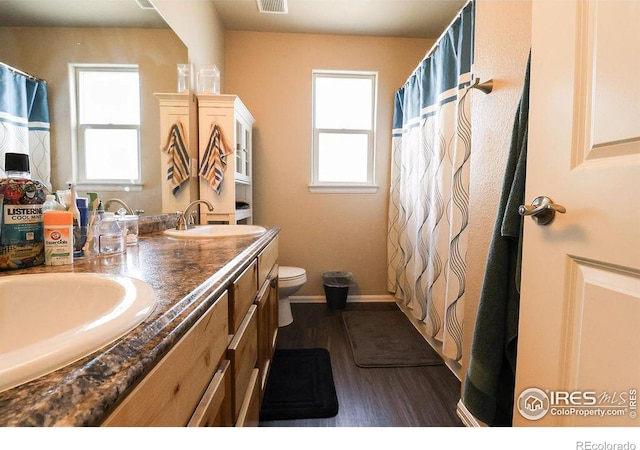 bathroom featuring wood-type flooring, toilet, vanity, and a shower with curtain