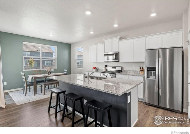 kitchen with a wealth of natural light, stainless steel appliances, a kitchen island with sink, and dark hardwood / wood-style flooring