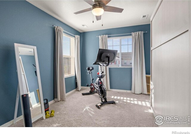 exercise room featuring ceiling fan, a wealth of natural light, and light colored carpet