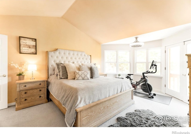 carpeted bedroom featuring lofted ceiling