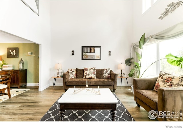 living room featuring a towering ceiling, light wood-type flooring, and a healthy amount of sunlight