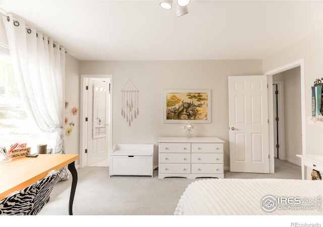 bedroom featuring light colored carpet