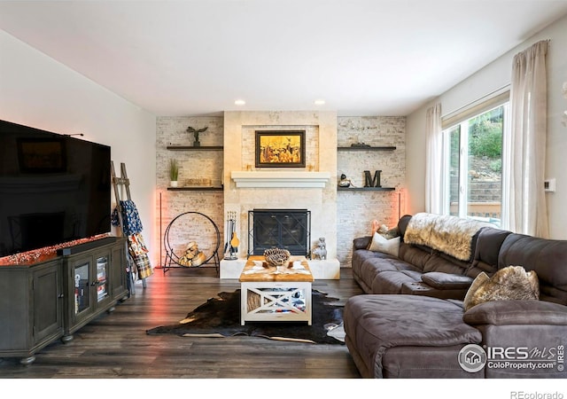 living room featuring dark hardwood / wood-style floors and a large fireplace