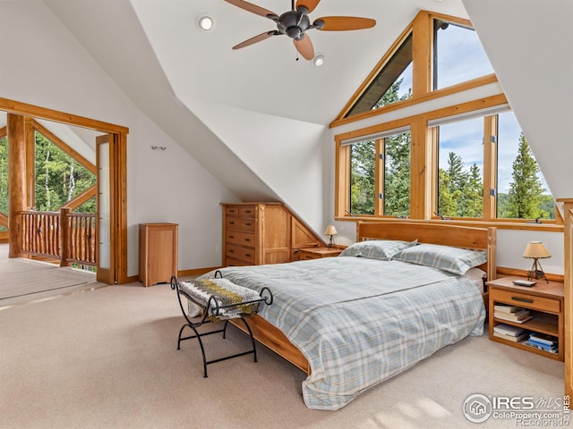 bedroom featuring access to exterior, light colored carpet, high vaulted ceiling, recessed lighting, and ceiling fan