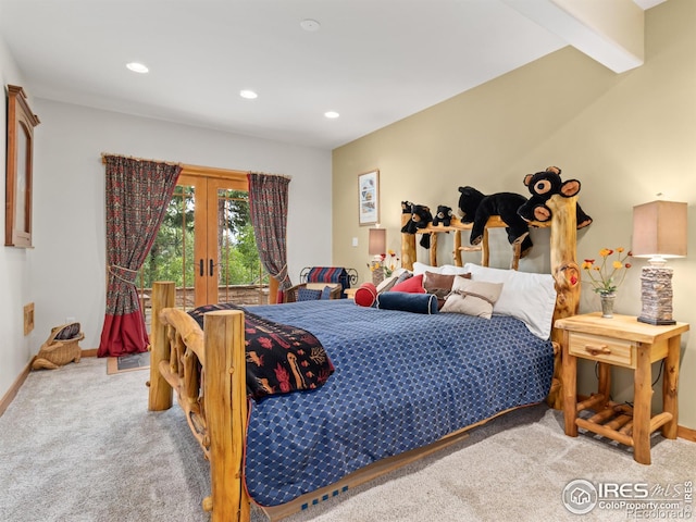 bedroom featuring carpet flooring, french doors, baseboards, recessed lighting, and access to outside