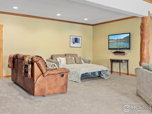 carpeted bedroom featuring crown molding, baseboards, and recessed lighting