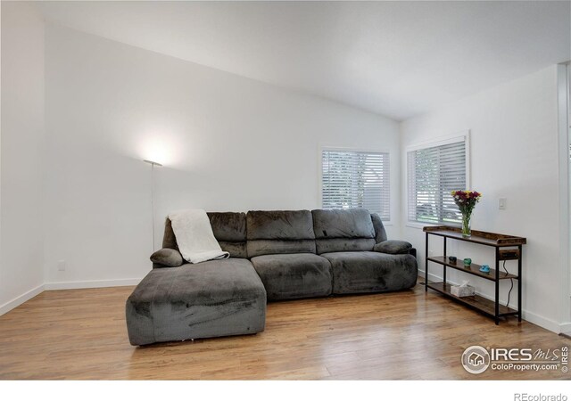 living room with light hardwood / wood-style flooring and vaulted ceiling