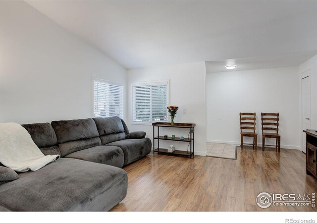 living room with lofted ceiling and hardwood / wood-style flooring