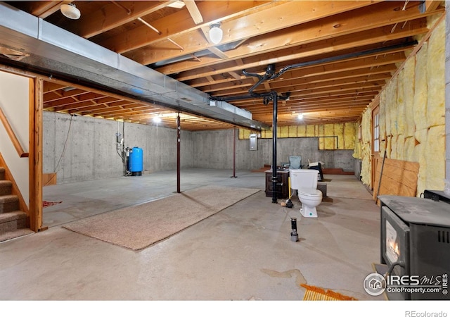 basement with a wood stove