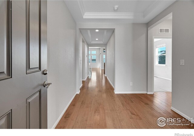 hallway featuring plenty of natural light, a raised ceiling, ornamental molding, and light hardwood / wood-style floors