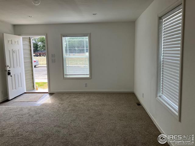 foyer entrance featuring carpet flooring and baseboards