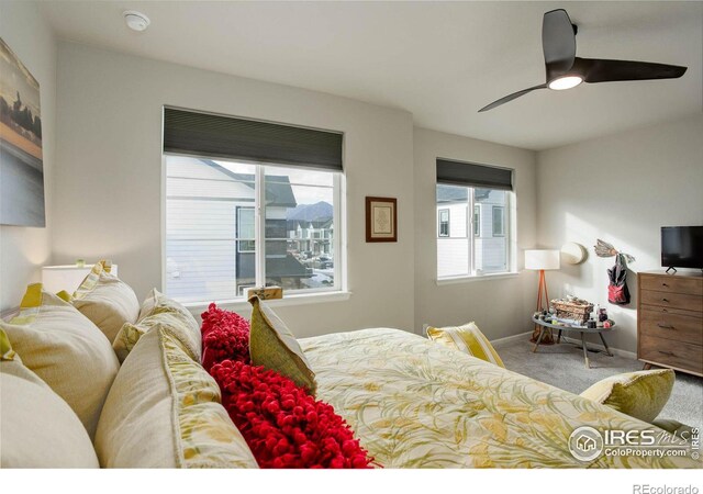 bedroom featuring ceiling fan and carpet floors