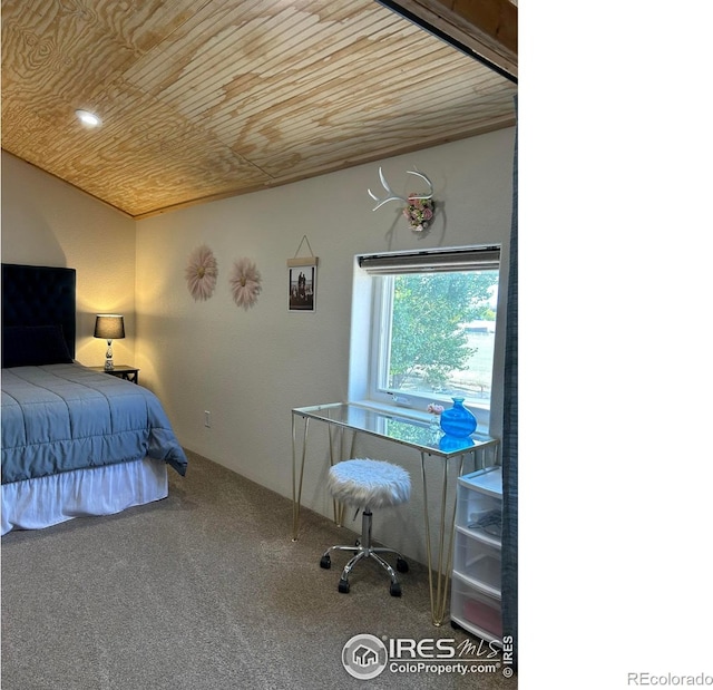 bedroom with carpet floors, wood ceiling, and vaulted ceiling