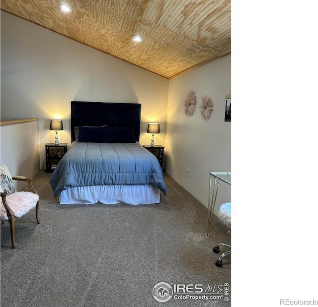 unfurnished bedroom with lofted ceiling, carpet, wood ceiling, and recessed lighting