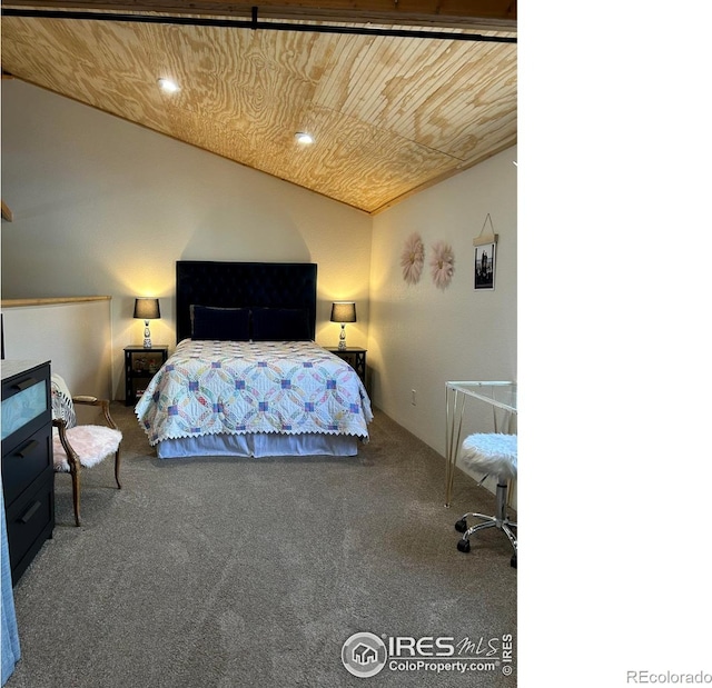 unfurnished bedroom featuring recessed lighting, wooden ceiling, carpet flooring, and vaulted ceiling