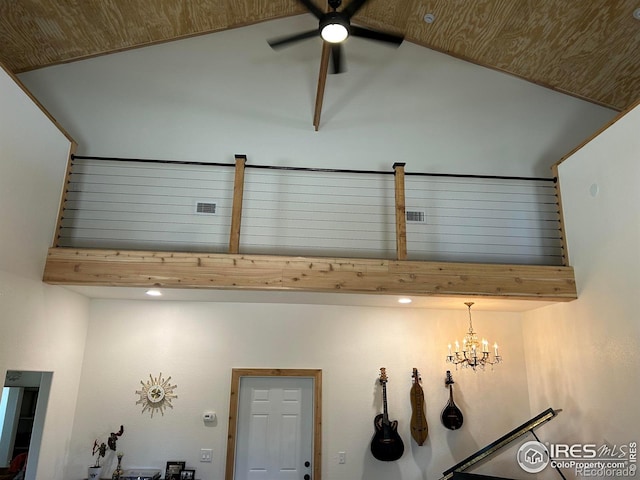 interior details with visible vents and ceiling fan with notable chandelier