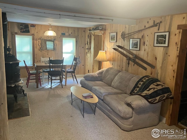 living room with wood walls and carpet floors