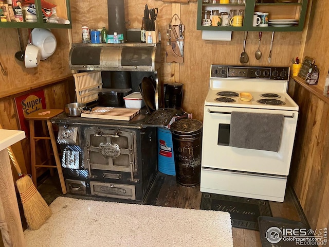 kitchen featuring wood walls and white electric stove